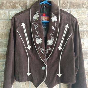 Brown Suede Leather Coat with Embroidery